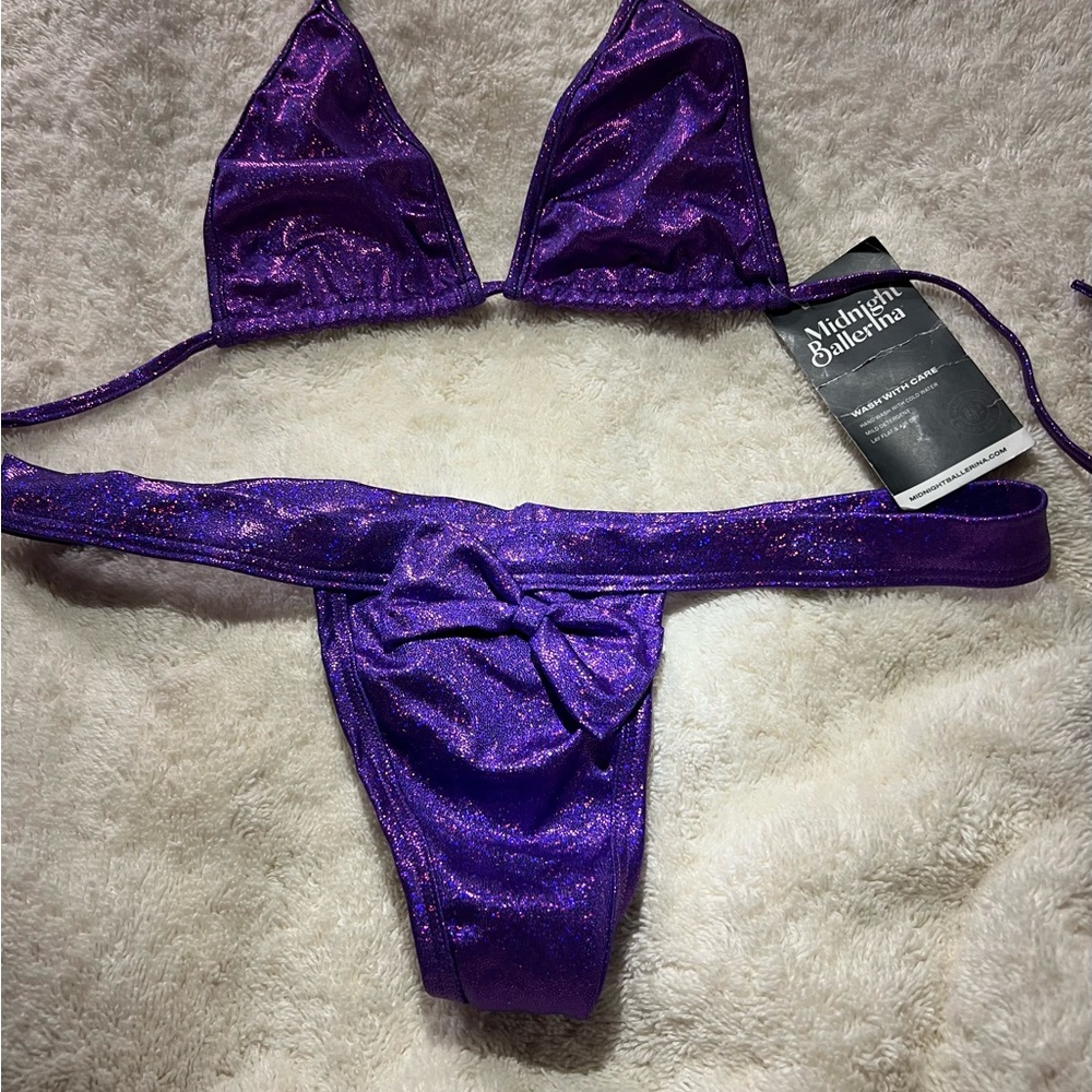 Purple Shimmer Triangle Bikini Set With Matching Thong With Bow